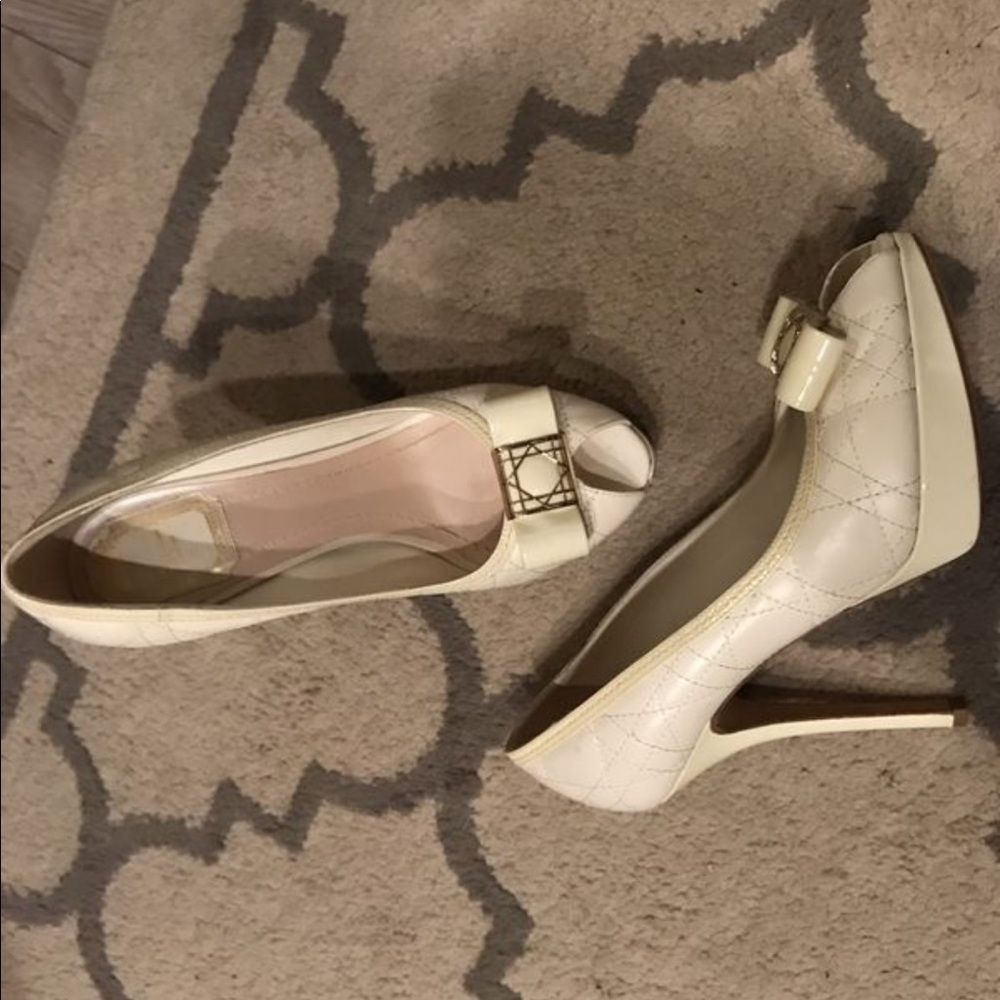 Christian Dior / Lady Dior cream peep toe heels.